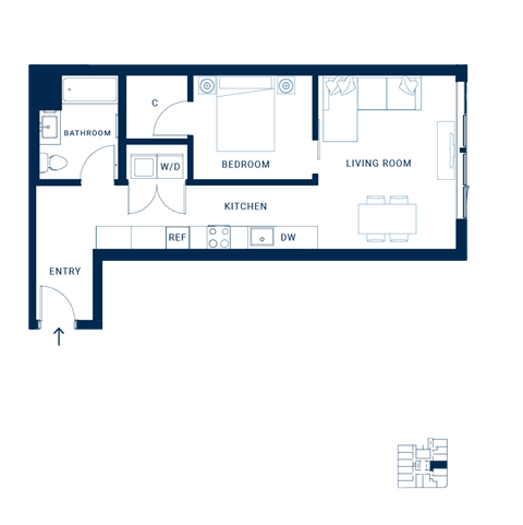 Floor plan for 1 bed, 1 bath, 553 sqft